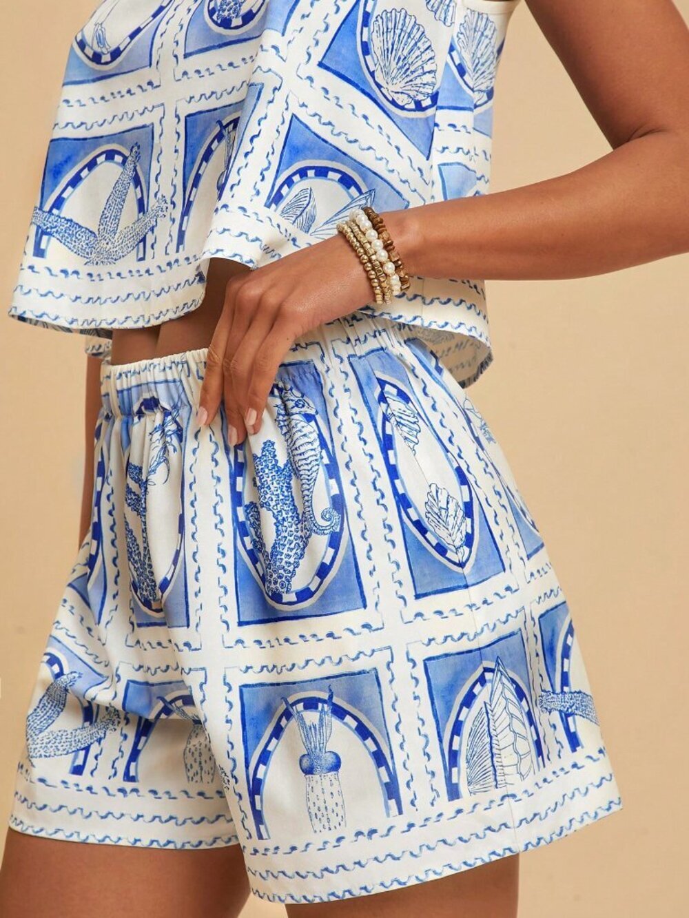 Blue and White Boho Women's Vacation Two-Piece Set - Picture 6 of 7